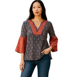 ViX Paula Hermanny Tunic Top Red Purple silk v-neck 3/4 bell sleeve